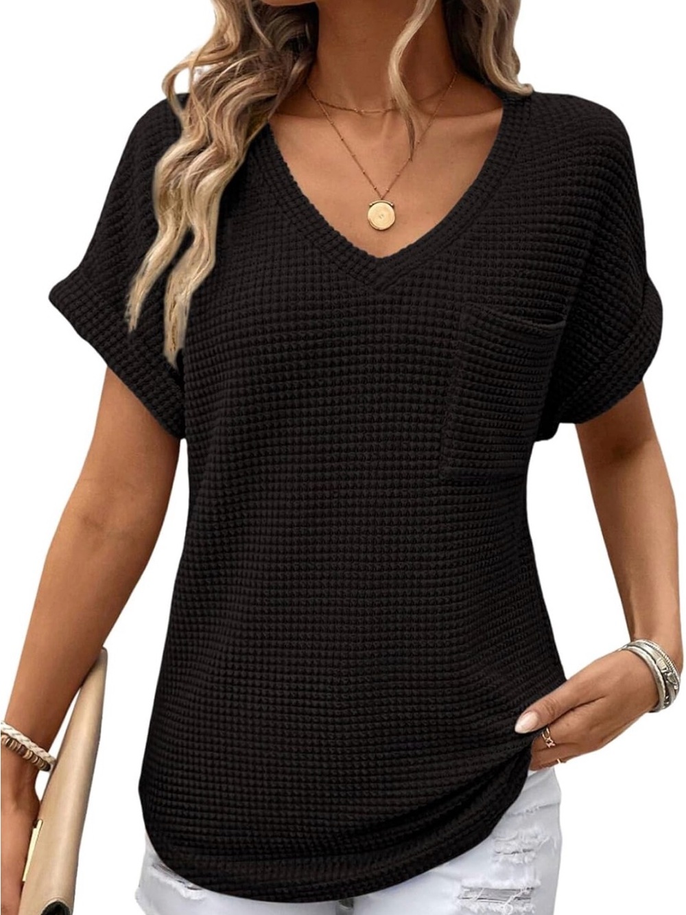 Dokotoo Waffle Knit Top Small Black V Neck Short Sleeve Pocket Casual Tee